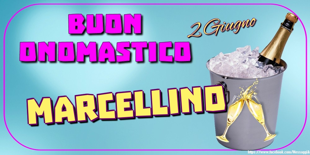 2 Giugno - Buon Onomastico Marcellino! | Cartolina con champagne e bicchieri su sfondo blu | Cartoline di onomastico